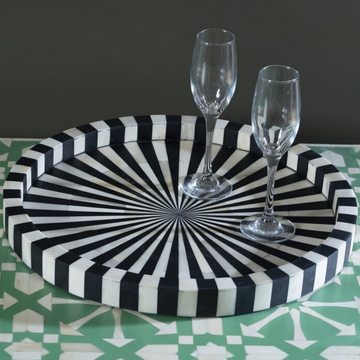 Handmade Black & White Stripe Bone Inlay Round Tray | Decorative Serving Tray