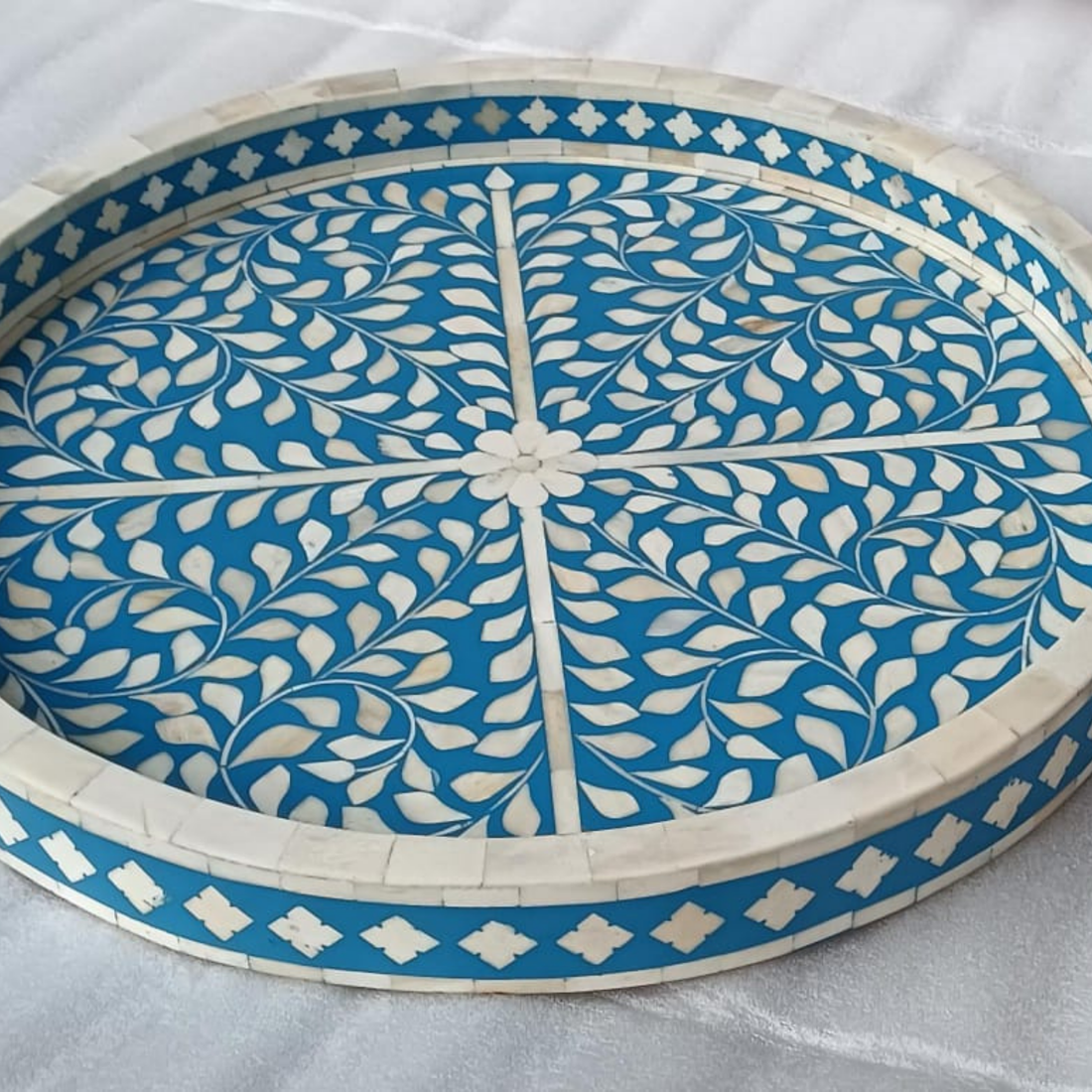 Handmade Blue Bone Inlay Floral Serving Tray | Round Decorative Tray