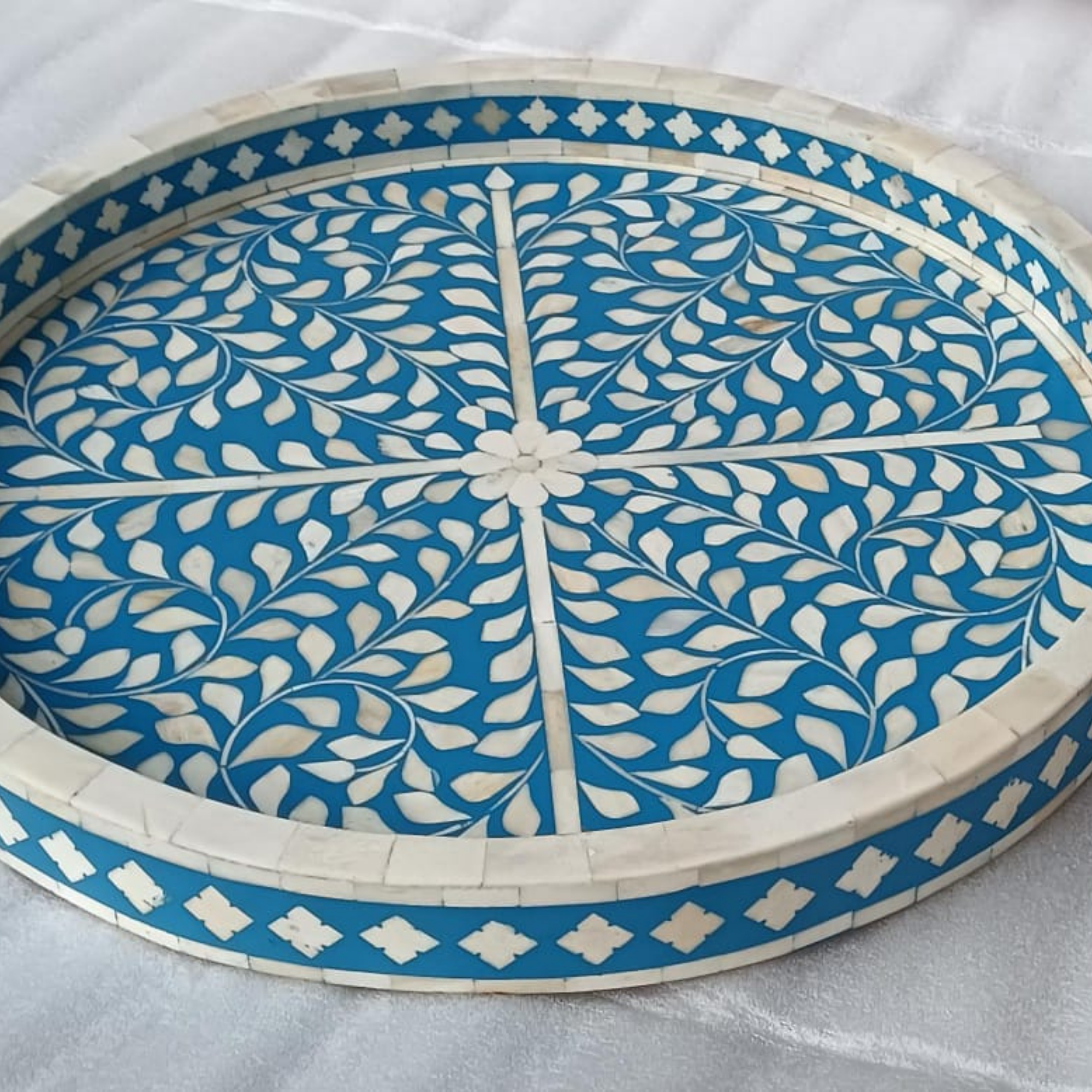 Handmade Blue Bone Inlay Floral Serving Tray | Round Decorative Tray
