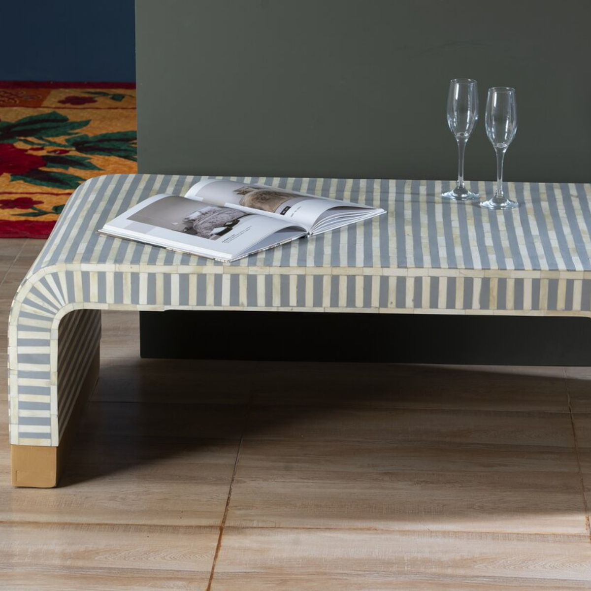 Handmade Grey Stripe Bone Inlay Coffee Table | Modern Waterfall Coffee Table