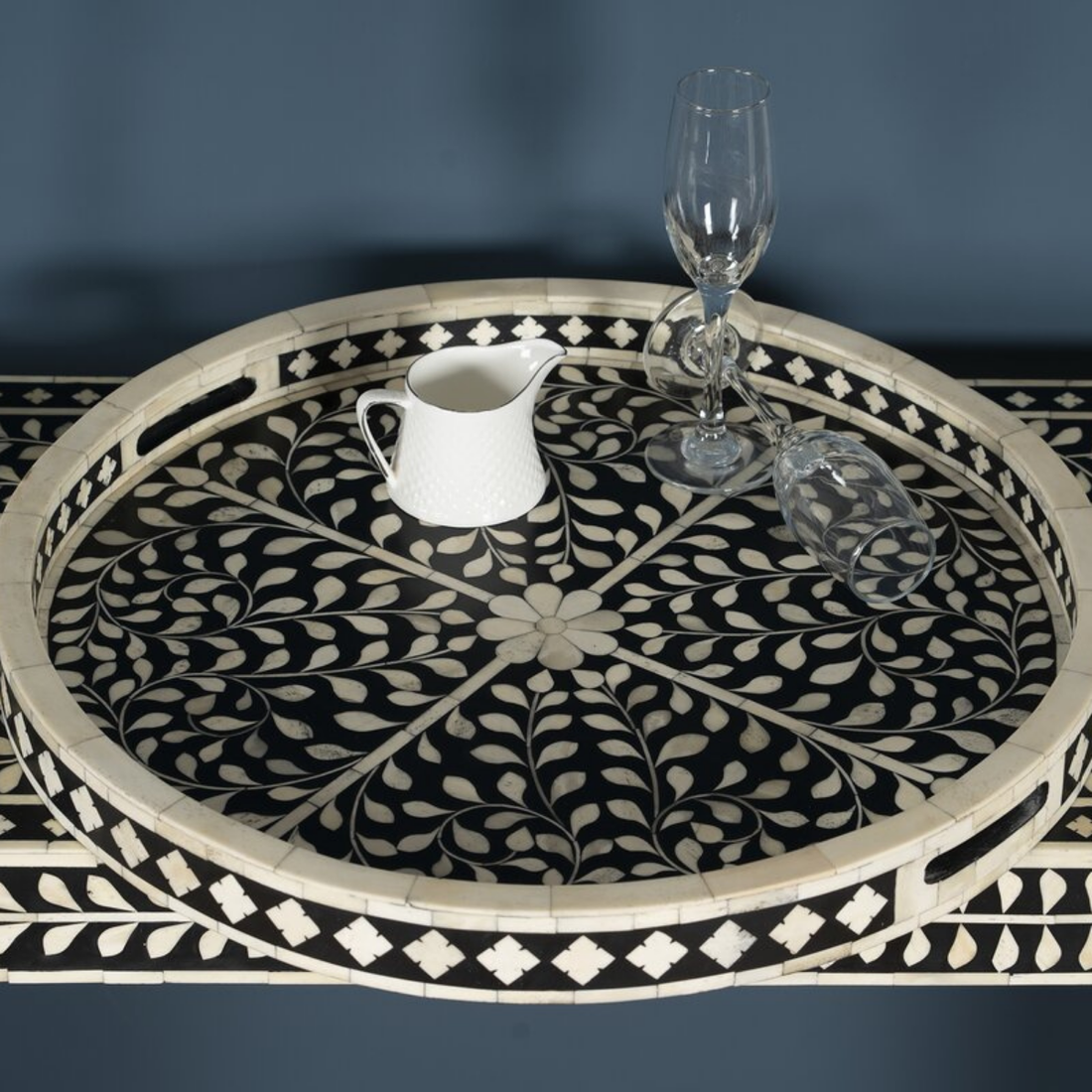 Handmade Black Floral Bone Inlay Round Serving Tray | Luxury Decorative Tray