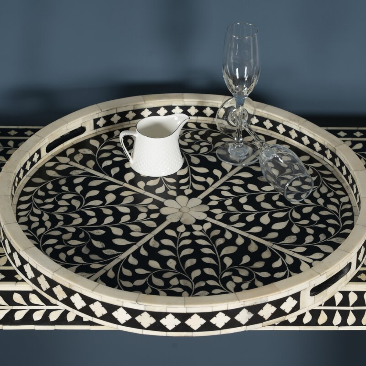 Handmade Black Floral Bone Inlay Round Serving Tray | Luxury Decorative Tray