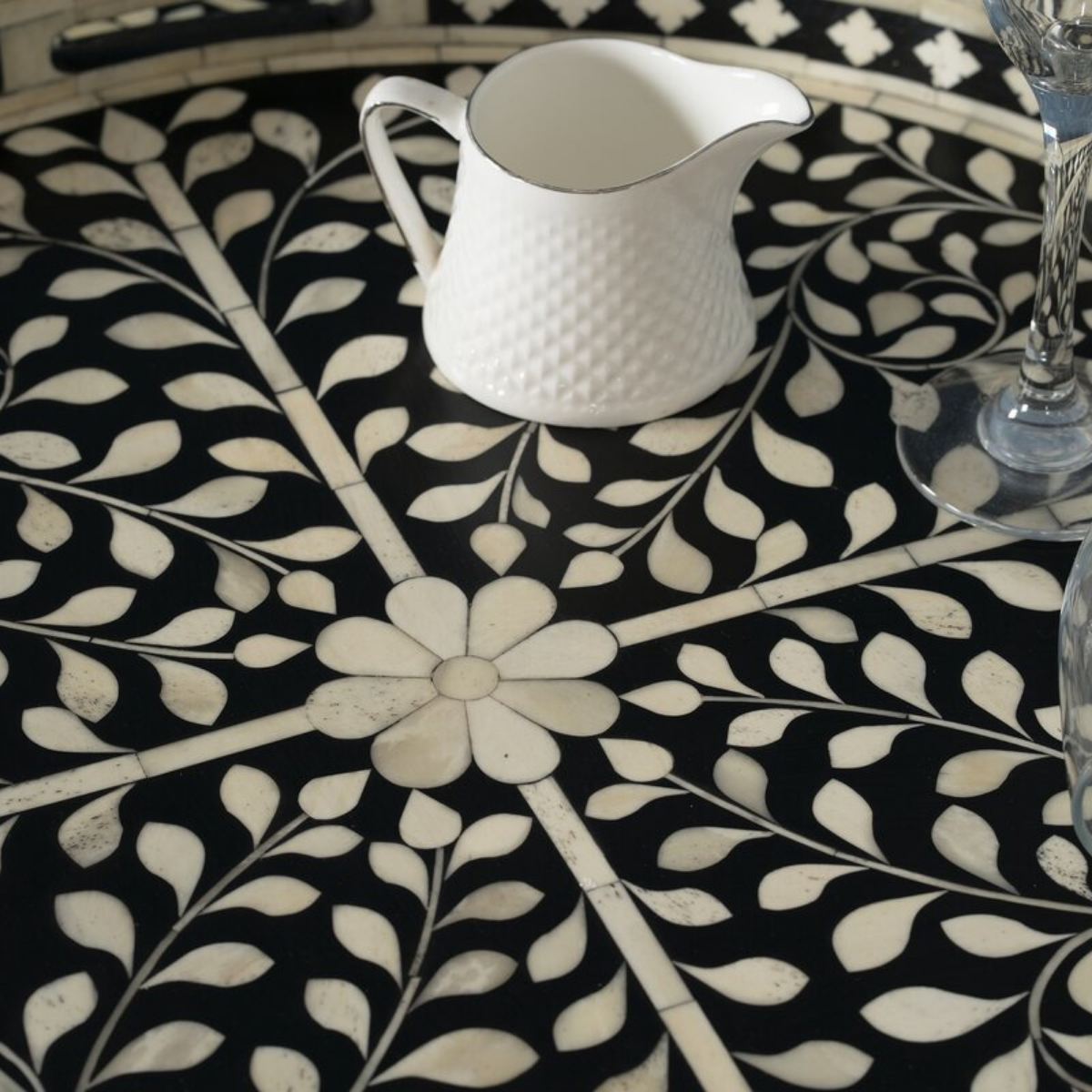 Handmade Black Floral Bone Inlay Round Serving Tray | Luxury Decorative Tray