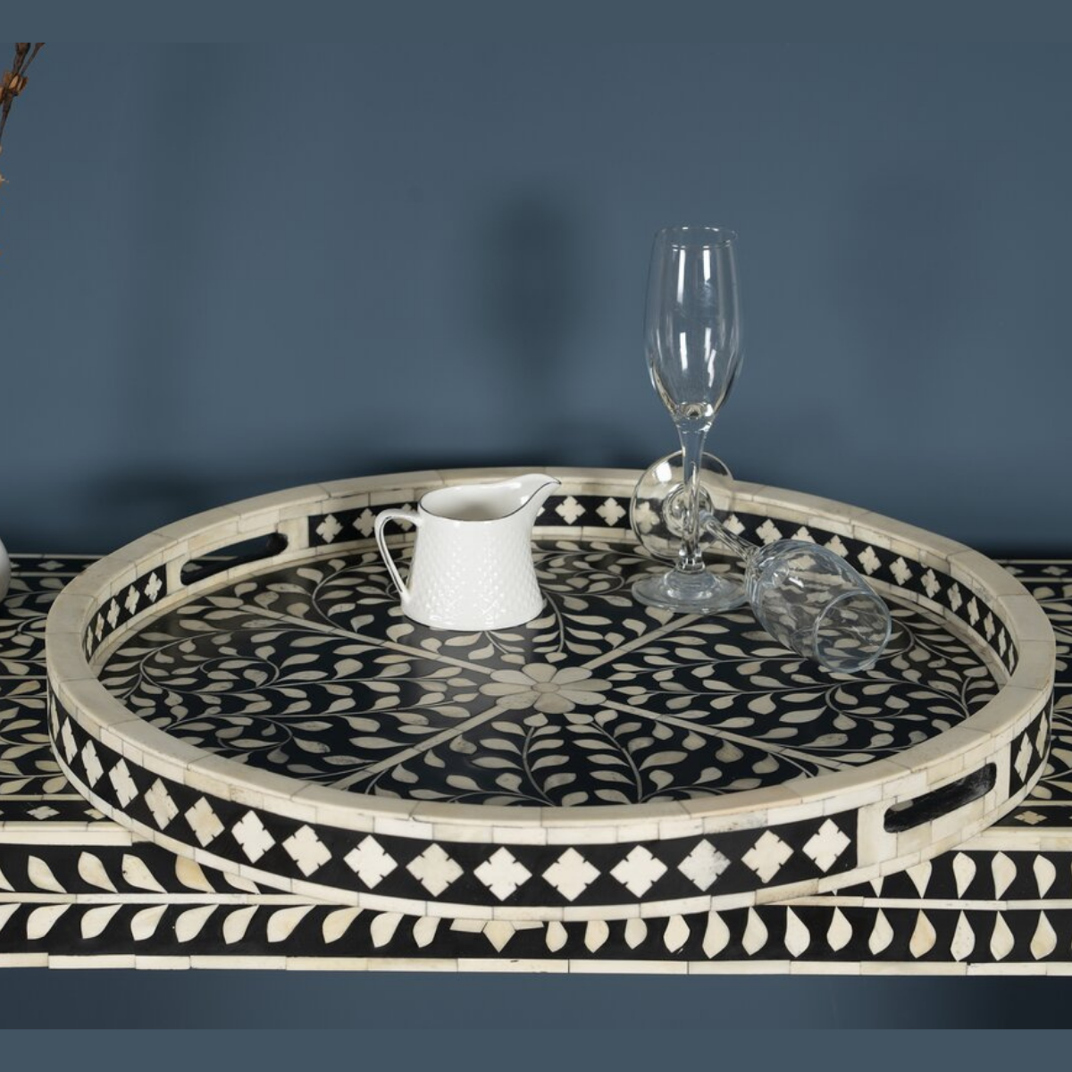 Handmade Black Floral Bone Inlay Round Serving Tray | Luxury Decorative Tray