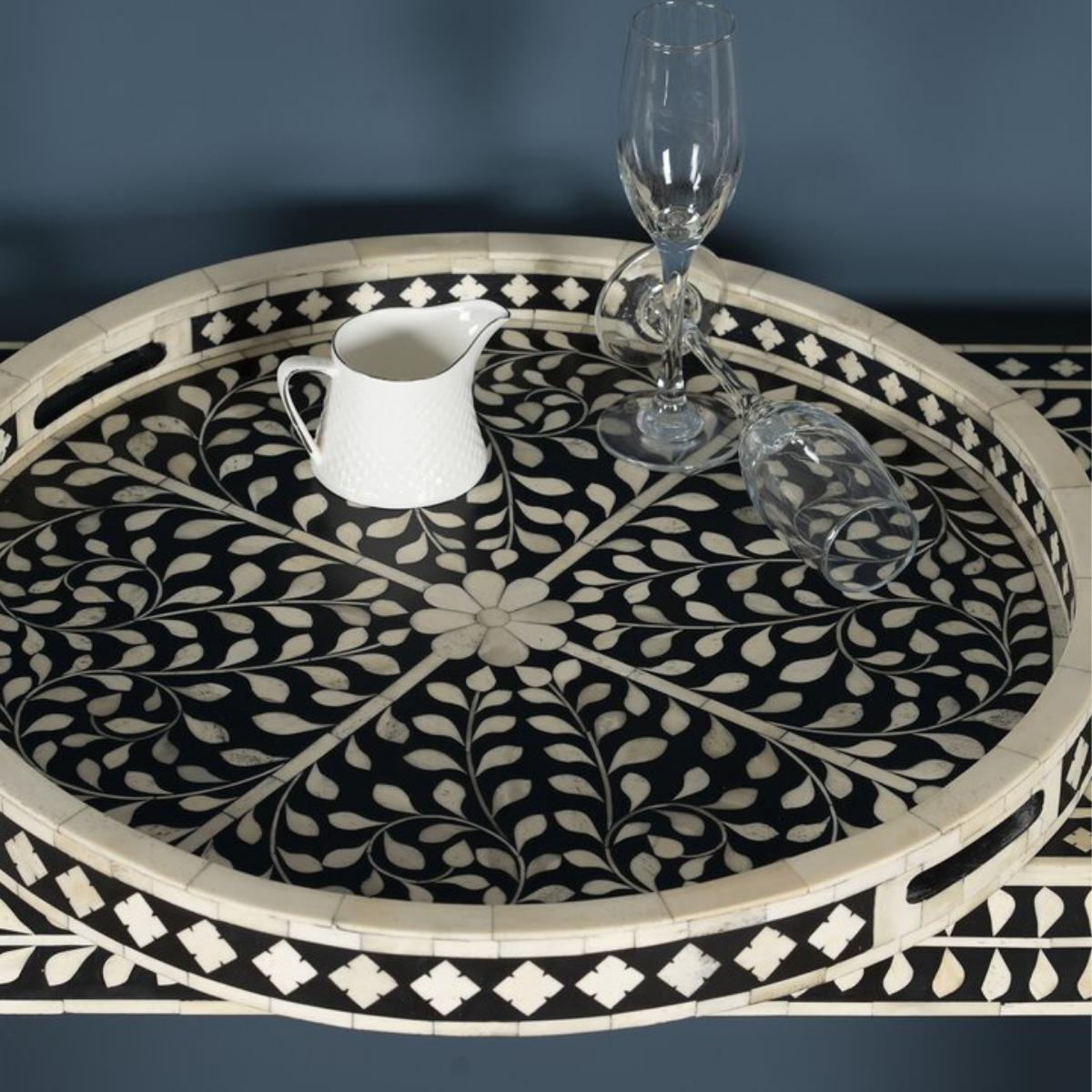 Handmade Black Floral Bone Inlay Round Serving Tray | Luxury Decorative Tray