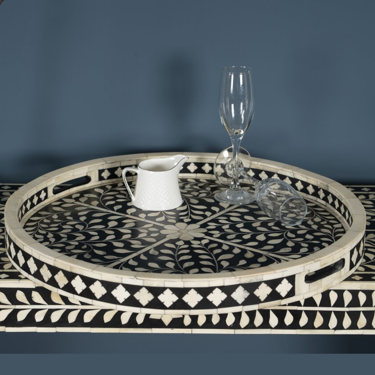 Handmade Black Floral Bone Inlay Round Serving Tray | Luxury Decorative Tray