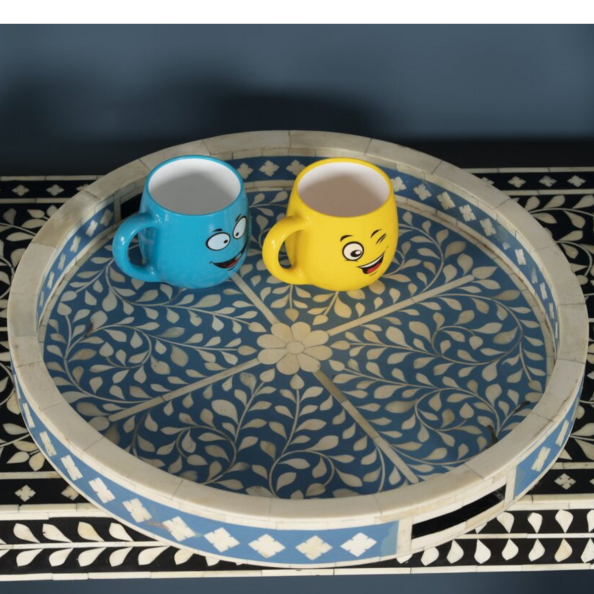 Handmade Blue Floral Bone Inlay Round Serving Tray | Luxury Decorative Tray