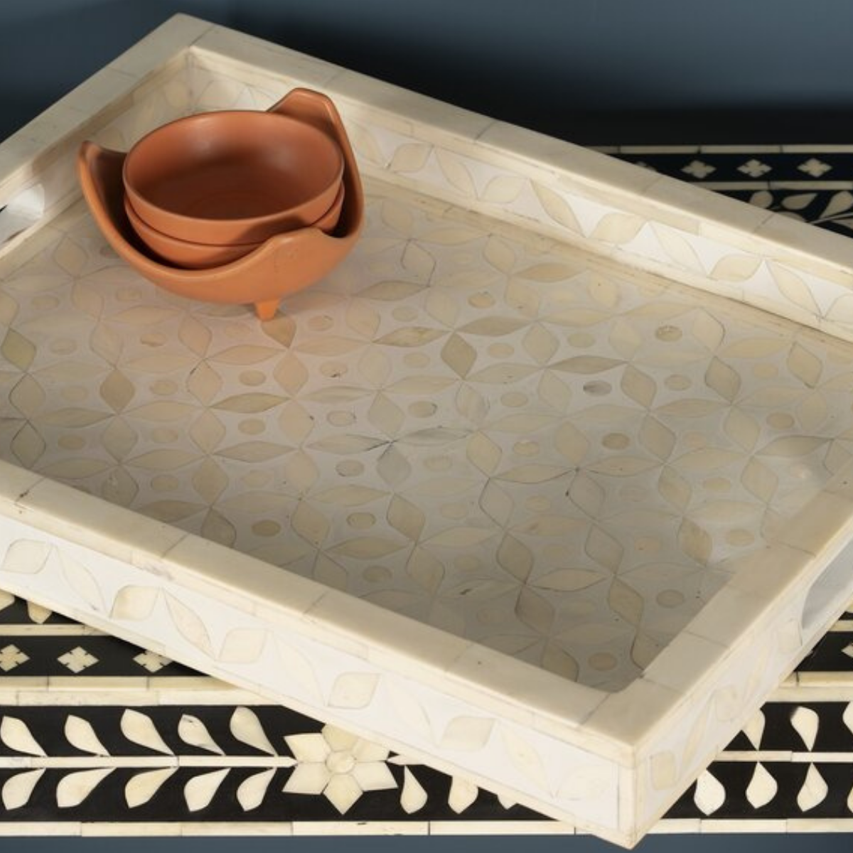 Handmade Geometric Bone Inlay Serving Tray | Luxury Decorative Tray