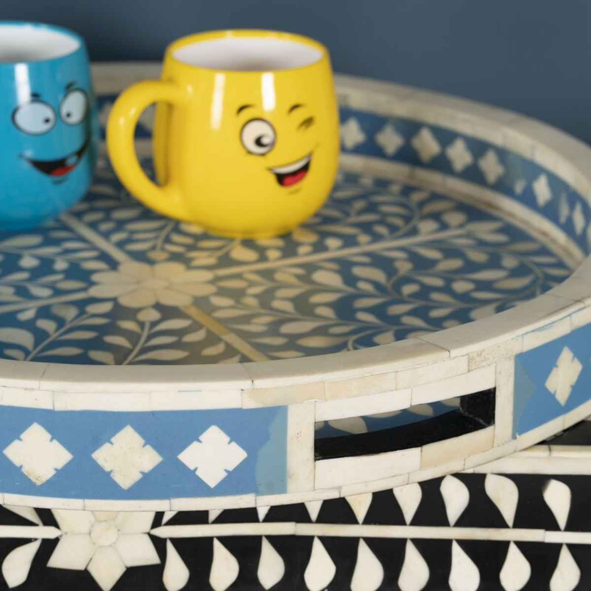 Handmade Blue Floral Bone Inlay Round Serving Tray | Luxury Decorative Tray