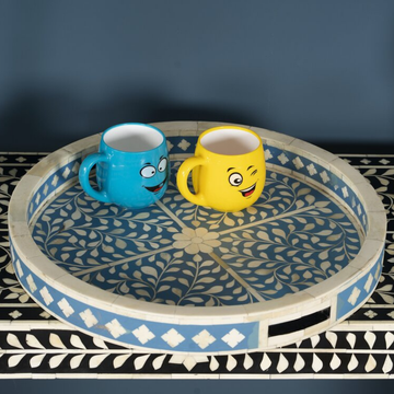 Handmade Blue Floral Bone Inlay Round Serving Tray | Luxury Decorative Tray