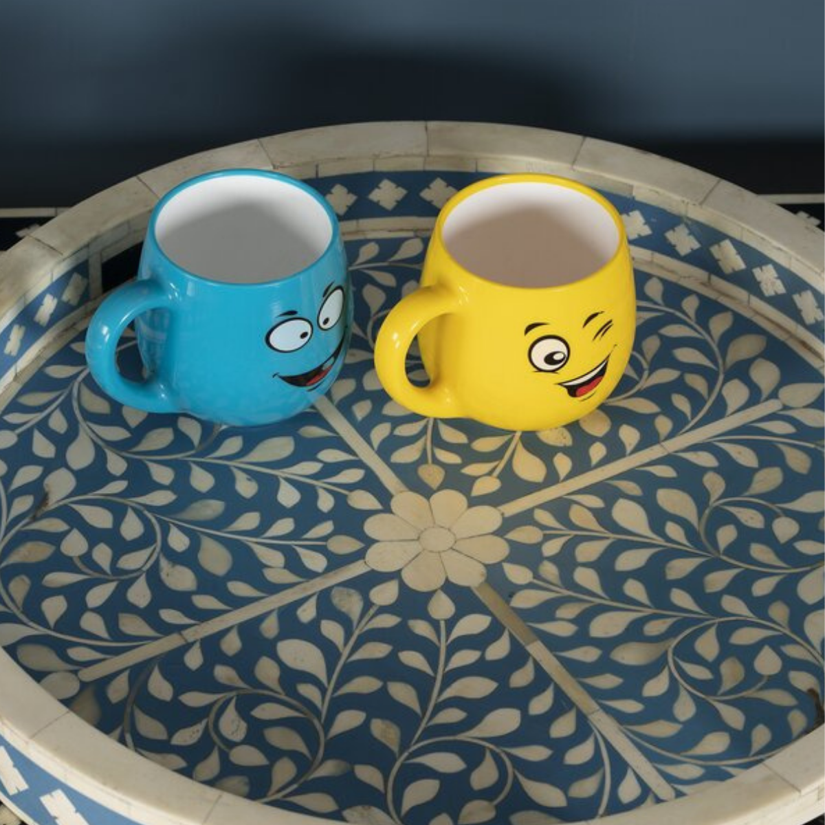 Handmade Blue Floral Bone Inlay Round Serving Tray | Luxury Decorative Tray