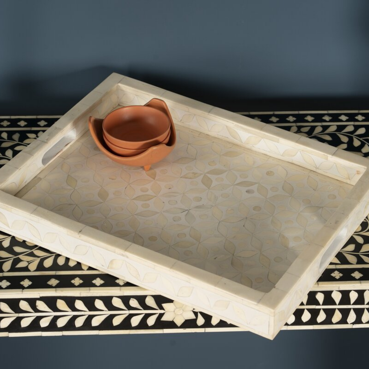 Handmade Geometric Bone Inlay Serving Tray | Luxury Decorative Tray