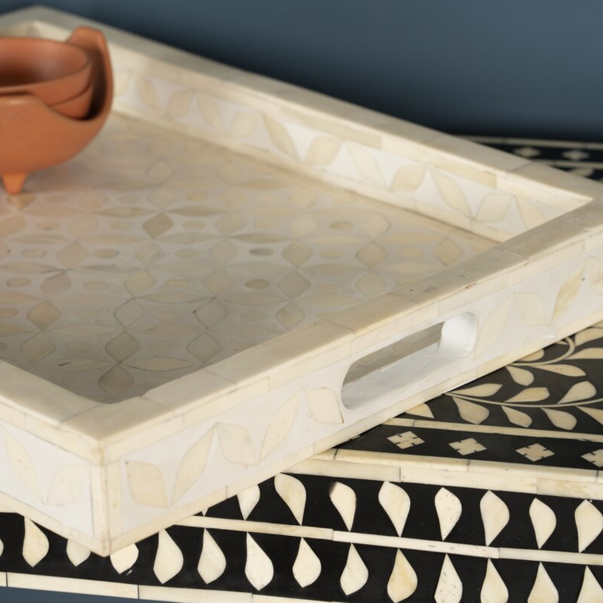 Handmade Geometric Bone Inlay Serving Tray | Luxury Decorative Tray