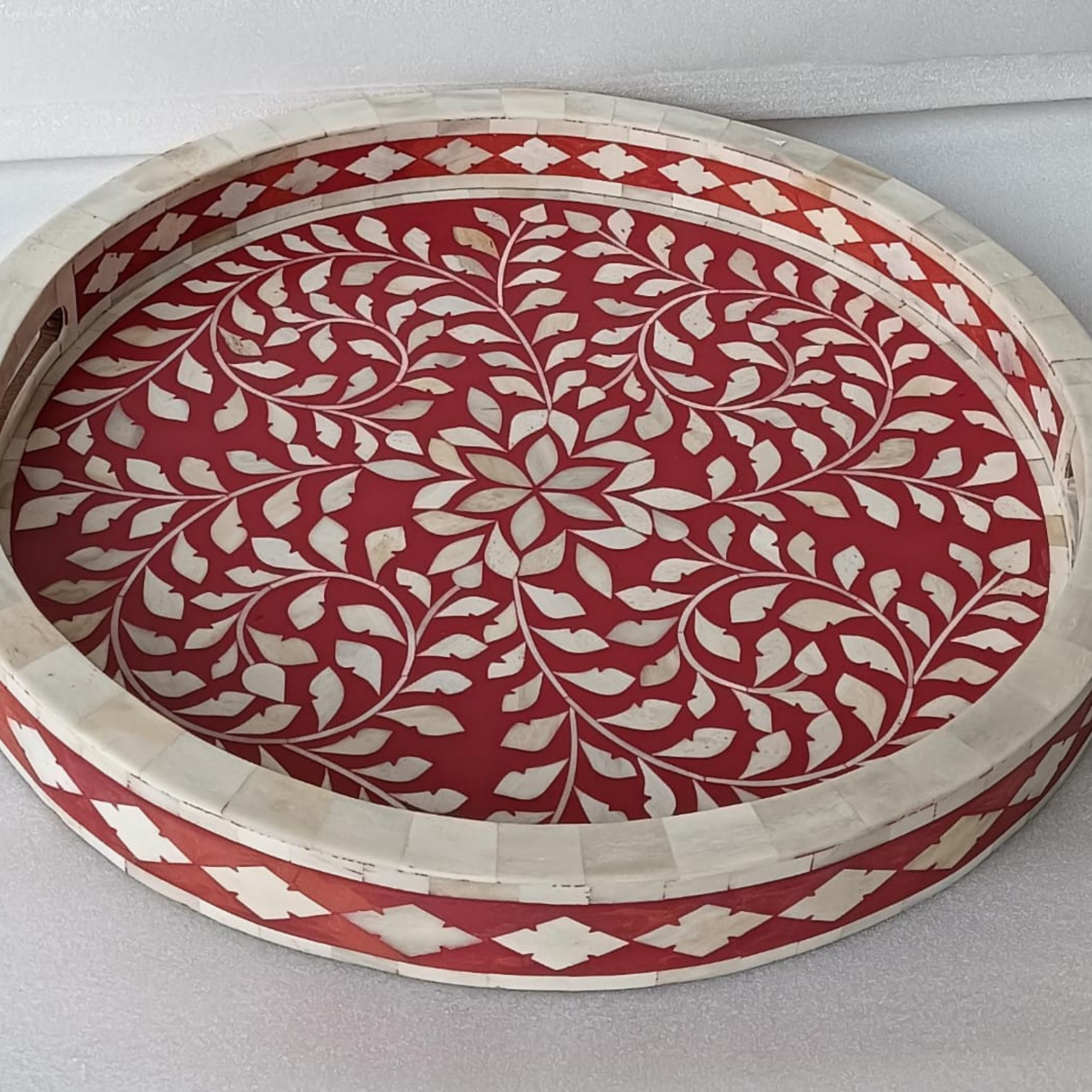 Handmade Red Bone Inlay Floral Serving Tray | Round Decorative Tray for Home Décor