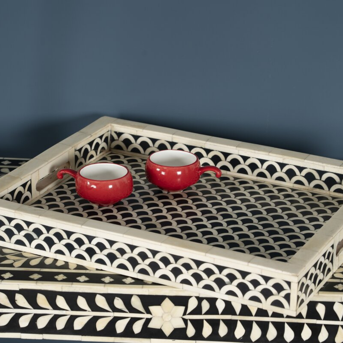 Handmade Fish Scale Bone Inlay Serving Tray | Black & White Decorative Tray