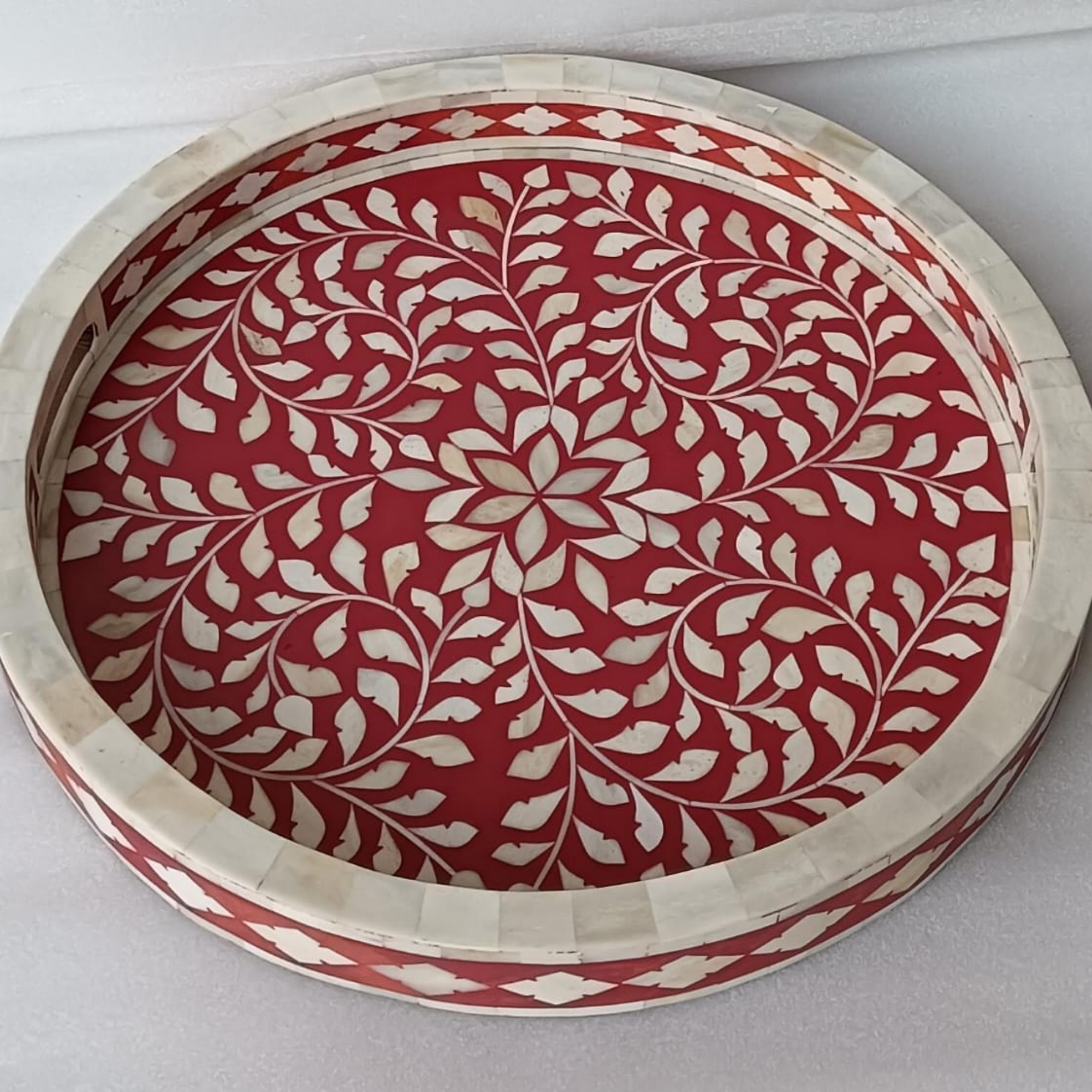 Handmade Red Bone Inlay Floral Serving Tray | Round Decorative Tray for Home Décor