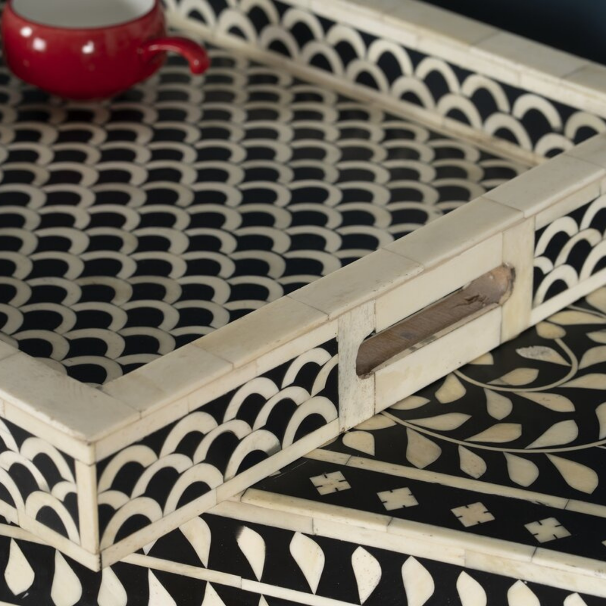 Handmade Fish Scale Bone Inlay Serving Tray | Black & White Decorative Tray
