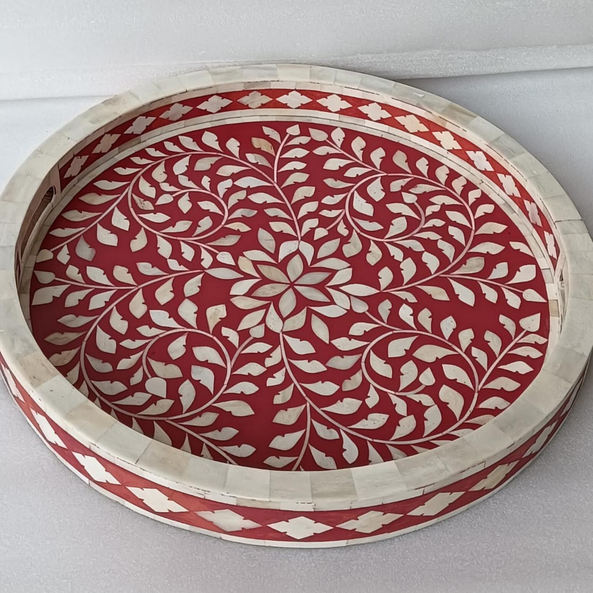 Handmade Red Bone Inlay Floral Serving Tray | Round Decorative Tray for Home Décor