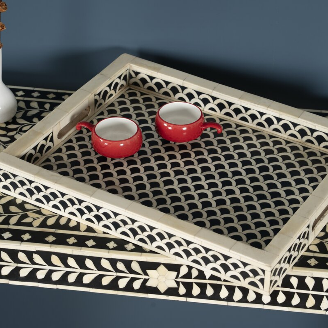 Handmade Fish Scale Bone Inlay Serving Tray | Black & White Decorative Tray
