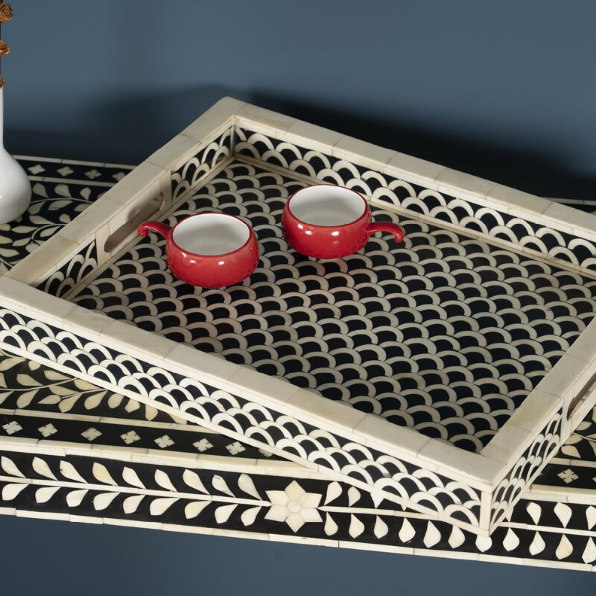 Handmade Fish Scale Bone Inlay Serving Tray | Black & White Decorative Tray