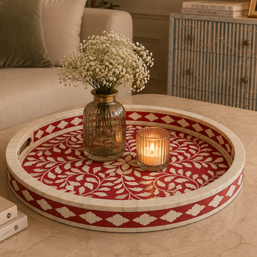 Handmade Red Bone Inlay Floral Serving Tray | Round Decorative Tray for Home Décor