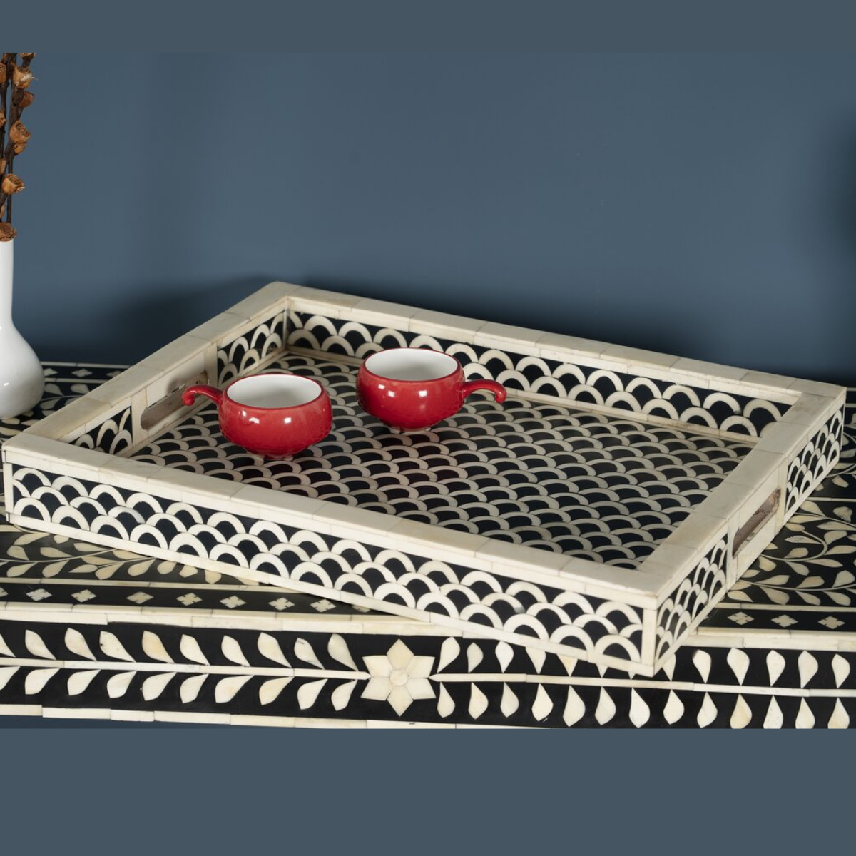 Handmade Fish Scale Bone Inlay Serving Tray | Black & White Decorative Tray