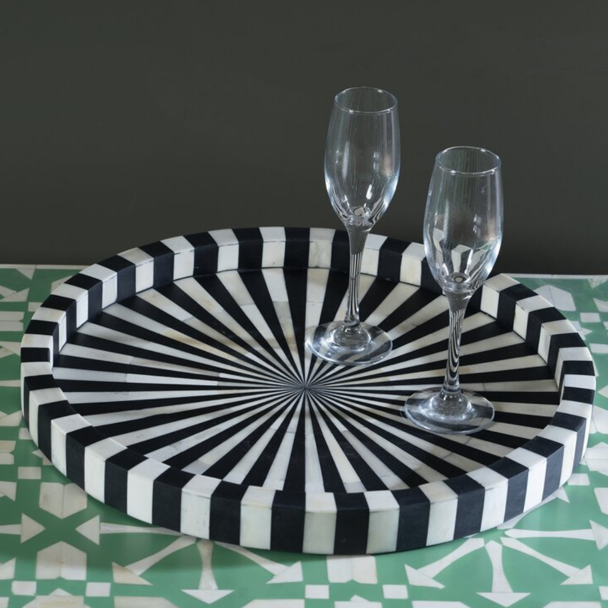Handmade Black & White Stripe Bone Inlay Round Tray | Decorative Serving Tray