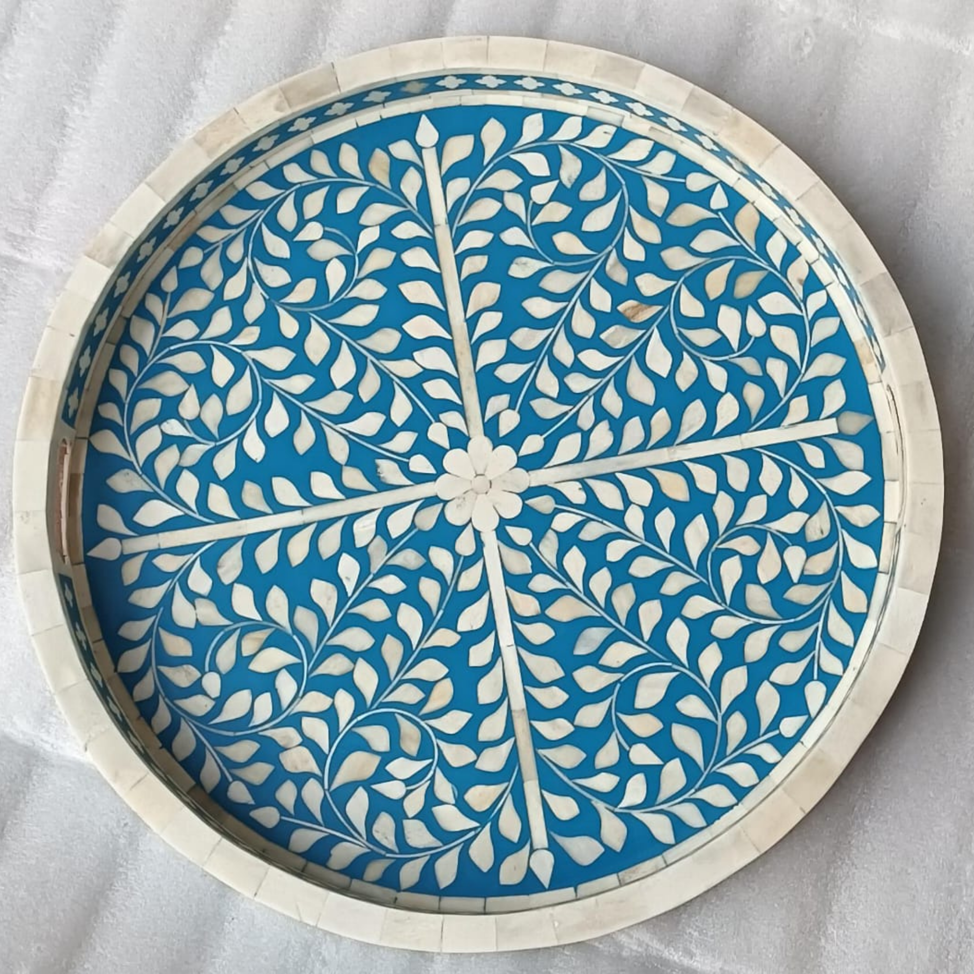 Handmade Blue Bone Inlay Floral Serving Tray | Round Decorative Tray