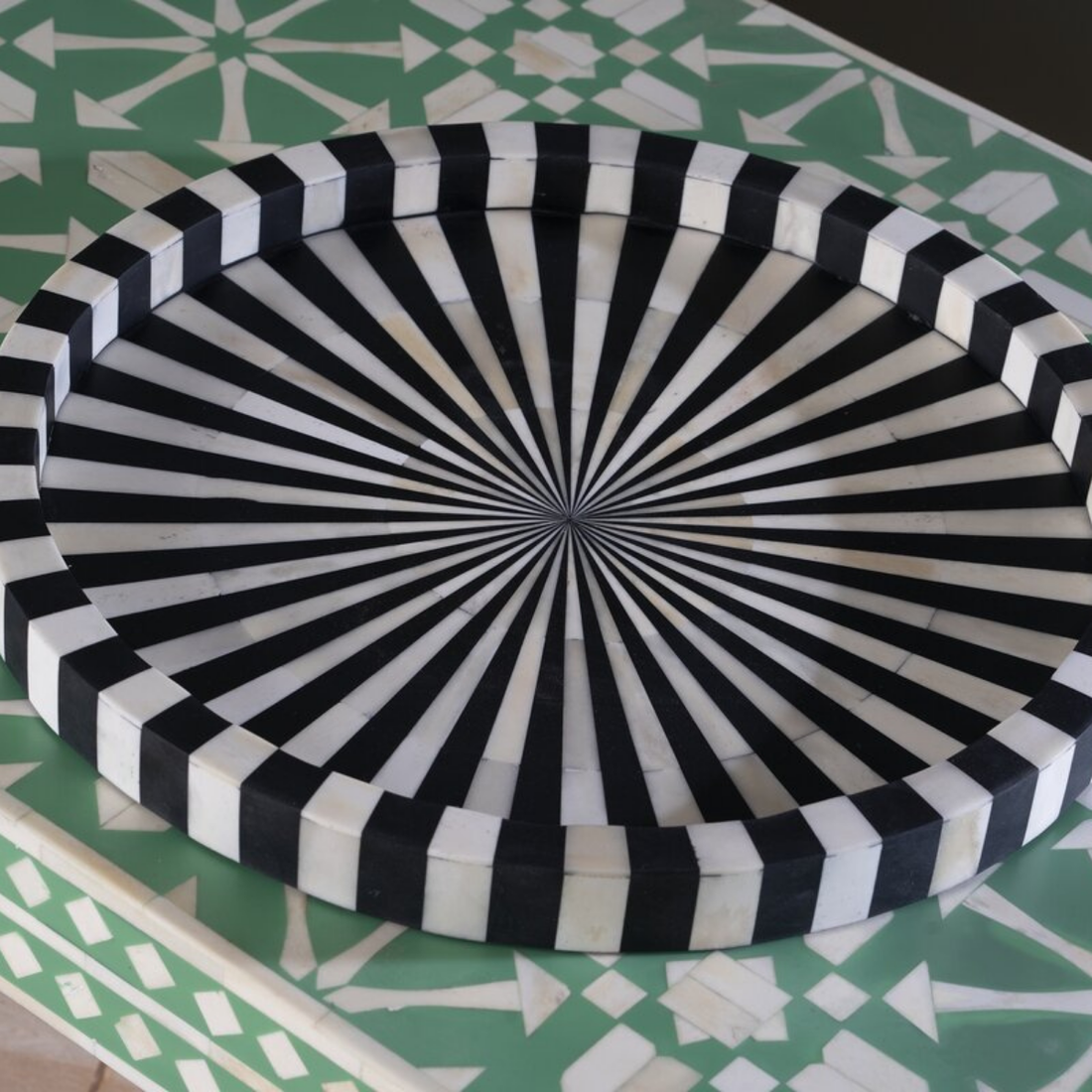 Handmade Black & White Stripe Bone Inlay Round Tray | Decorative Serving Tray