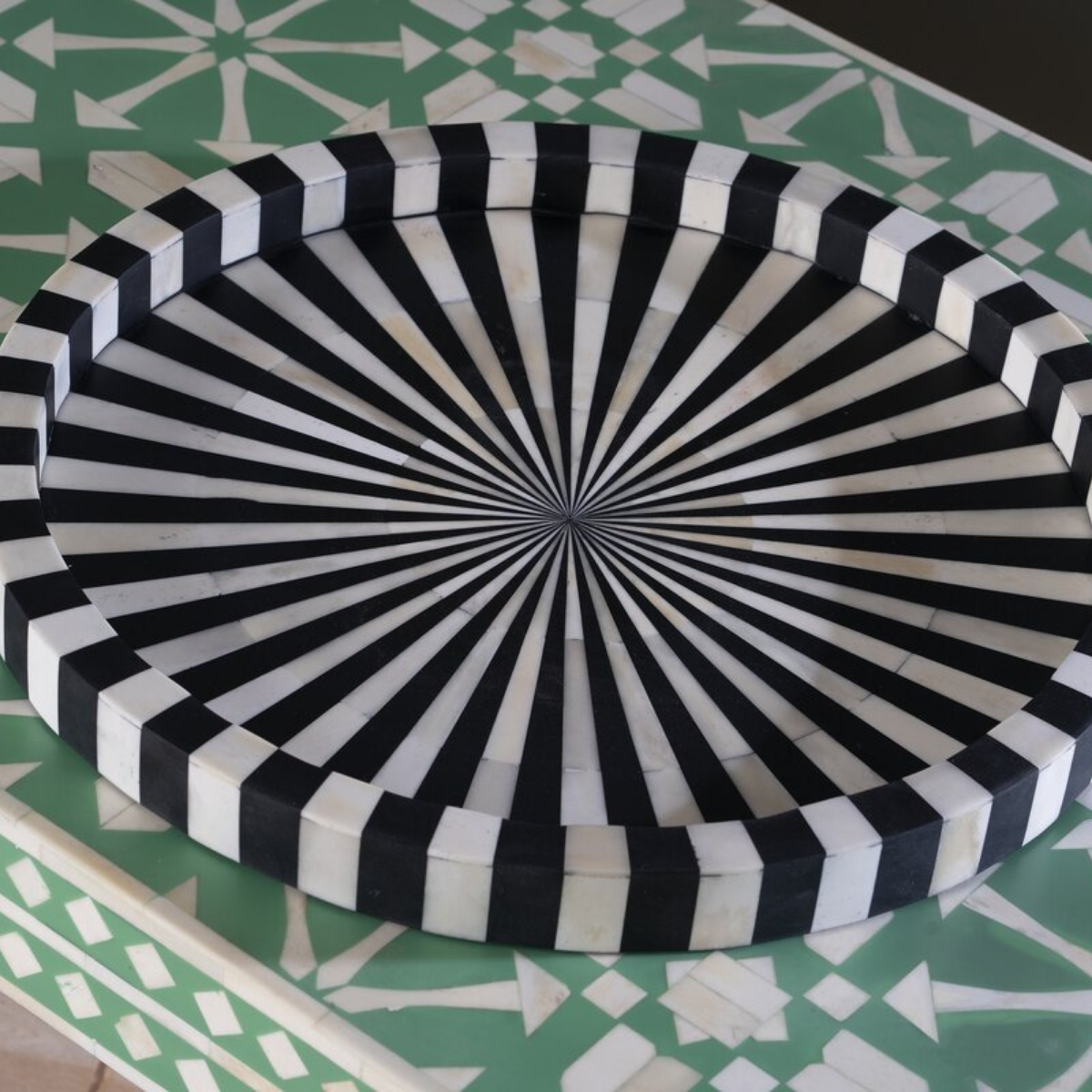 Handmade Black & White Stripe Bone Inlay Round Tray | Decorative Serving Tray