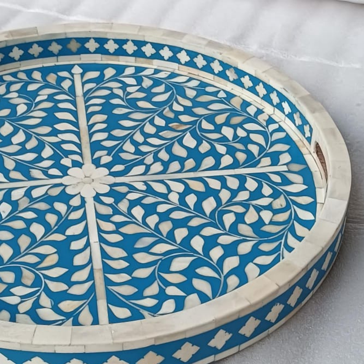 Handmade Blue & White Bone Inlay Round Serving Tray – Floral Vine Design