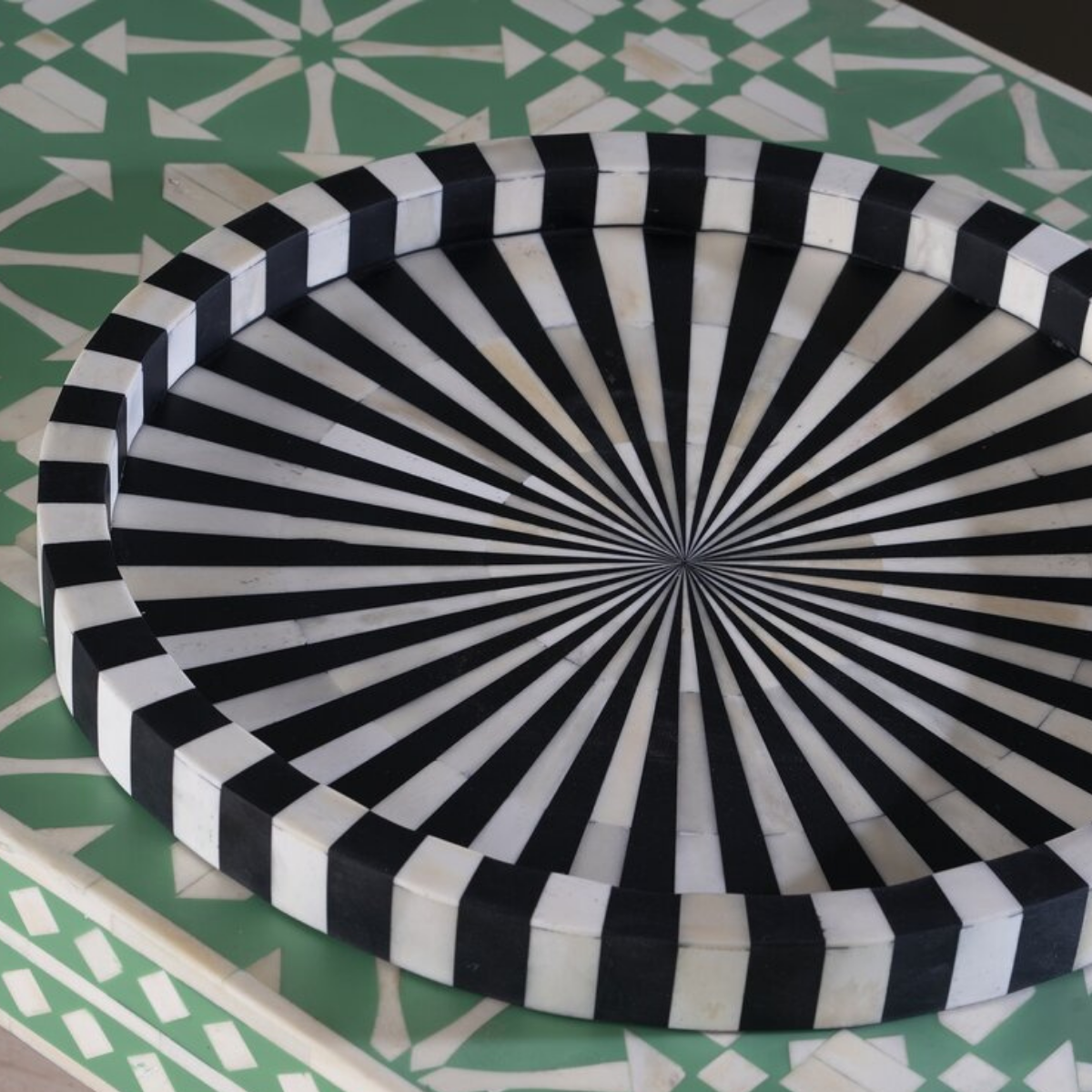Handmade Black & White Stripe Bone Inlay Round Tray | Decorative Serving Tray
