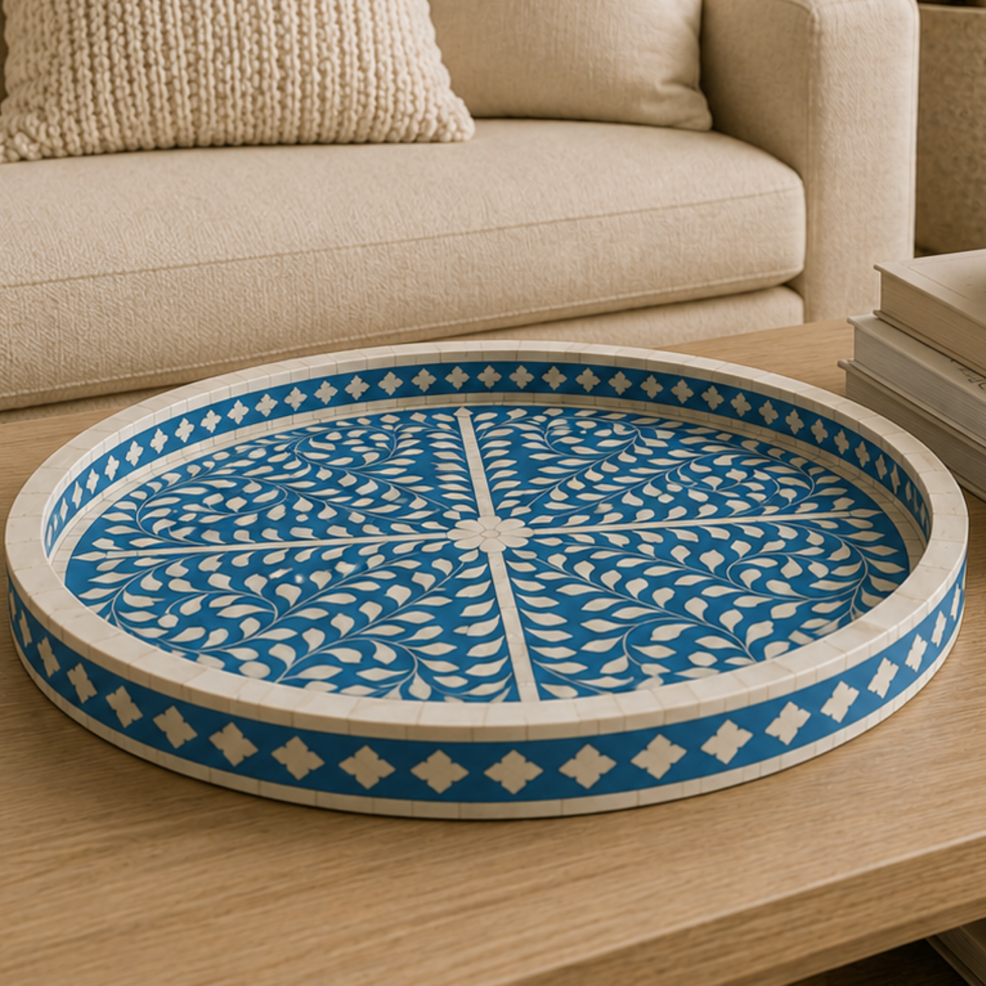 Handmade Blue Bone Inlay Floral Serving Tray | Round Decorative Tray