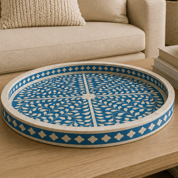 Handmade Blue Bone Inlay Floral Serving Tray | Round Decorative Tray