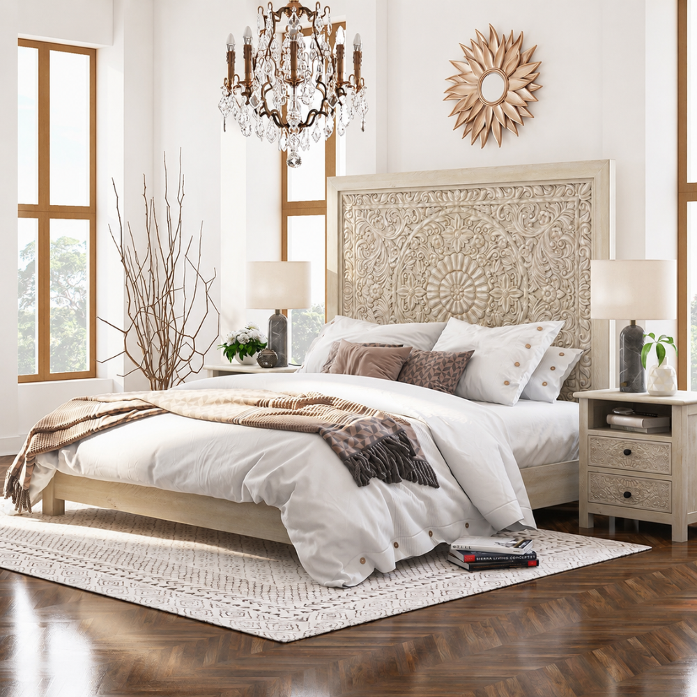 Hand Carved Wooden Bed Frame Luxury King Size Bedroom Furniture Handmade Solid Wood Bed With Carved Headboard