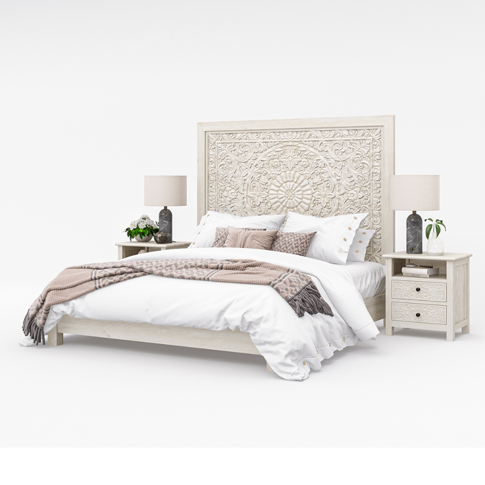 Hand Carved Wooden Bed Frame Luxury King Size Bedroom Furniture Handmade Solid Wood Bed With Carved Headboard